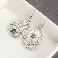 Retro Carved Flowers Drop Shape Turquoise Gemstone Hook Earrings