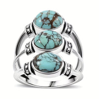 Vintage Boho Style Triple Turquoise Silver Ring