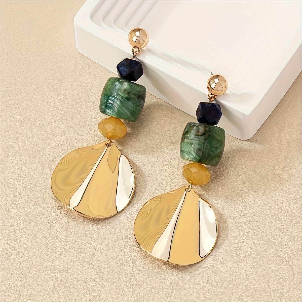 Gold Shell Disc & Green Stone Statement Drop Earrings