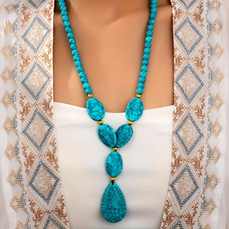 Bohemian Geometric Tear Round Turquoise Beaded Necklace