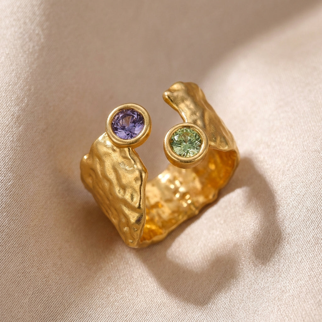 Adjustable Asymmetrical Hammered Gold Plated Zirconia Inlaid Ring