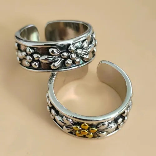 Bohemian Carved Floral Garden Wide Band Ring