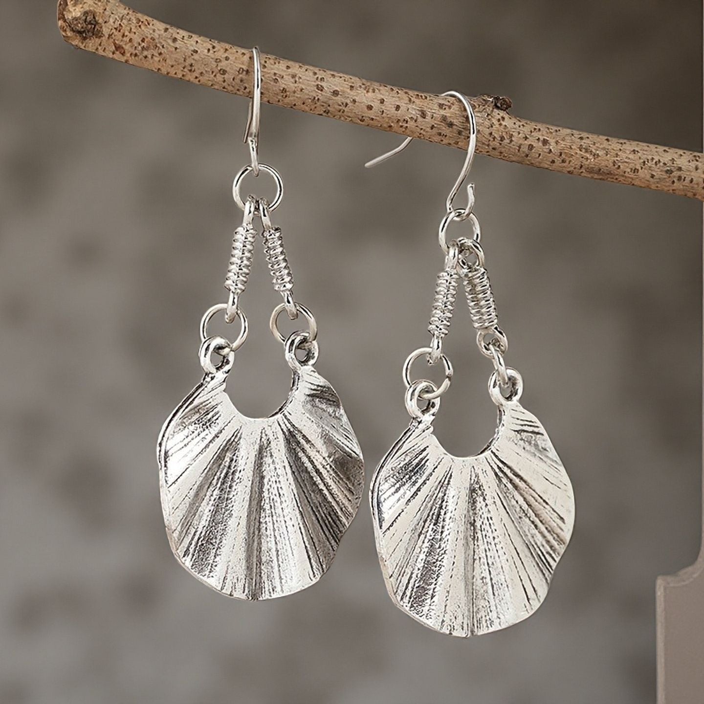 Bohemian Charming Textured Silver Fan Drop Earrings