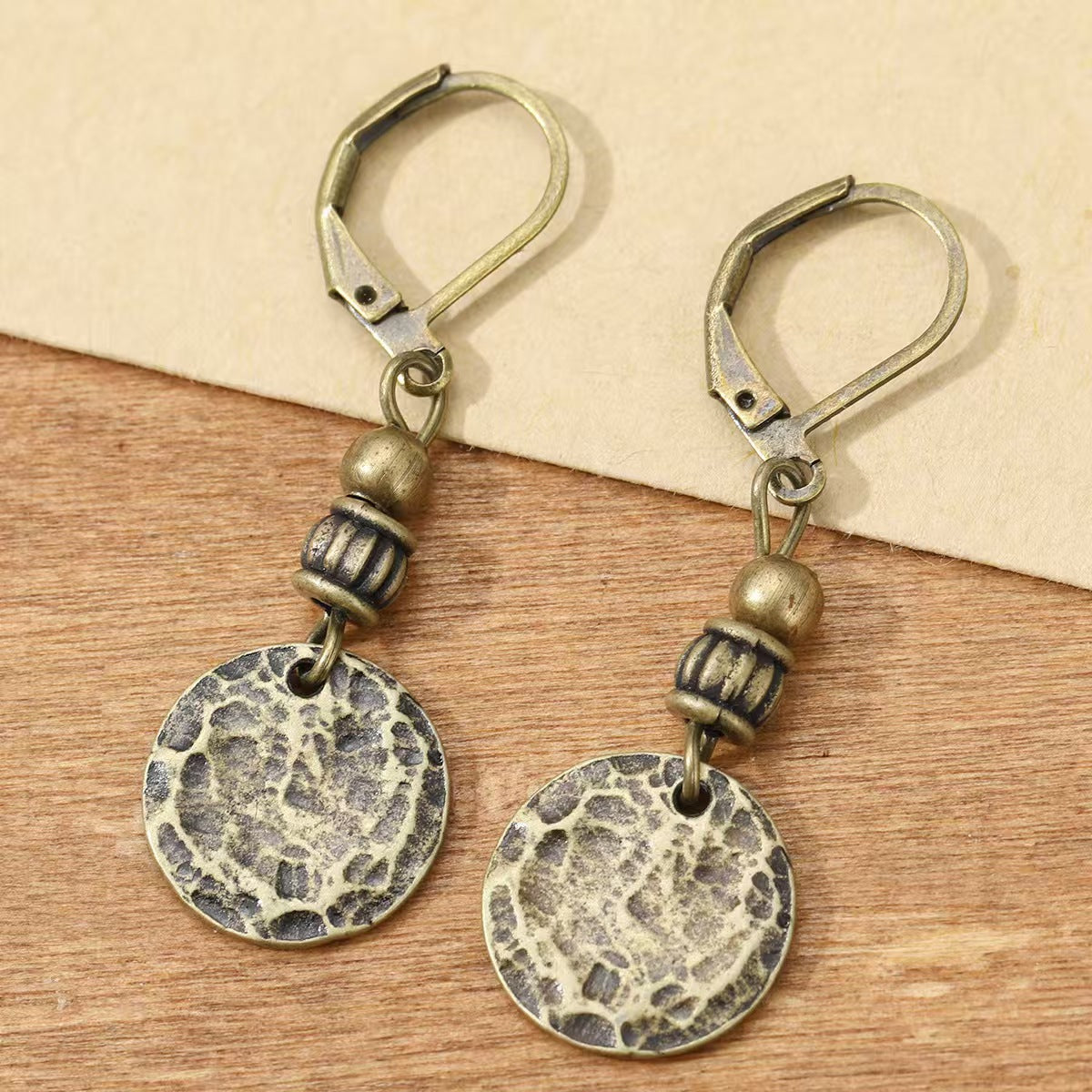 Vintage Bronze Leverback Coin Drop Earrings