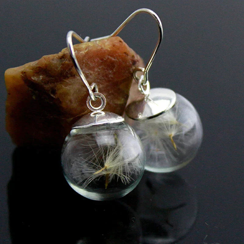 Bohemian Dandelion Silver Plated Glass Drop Earrings