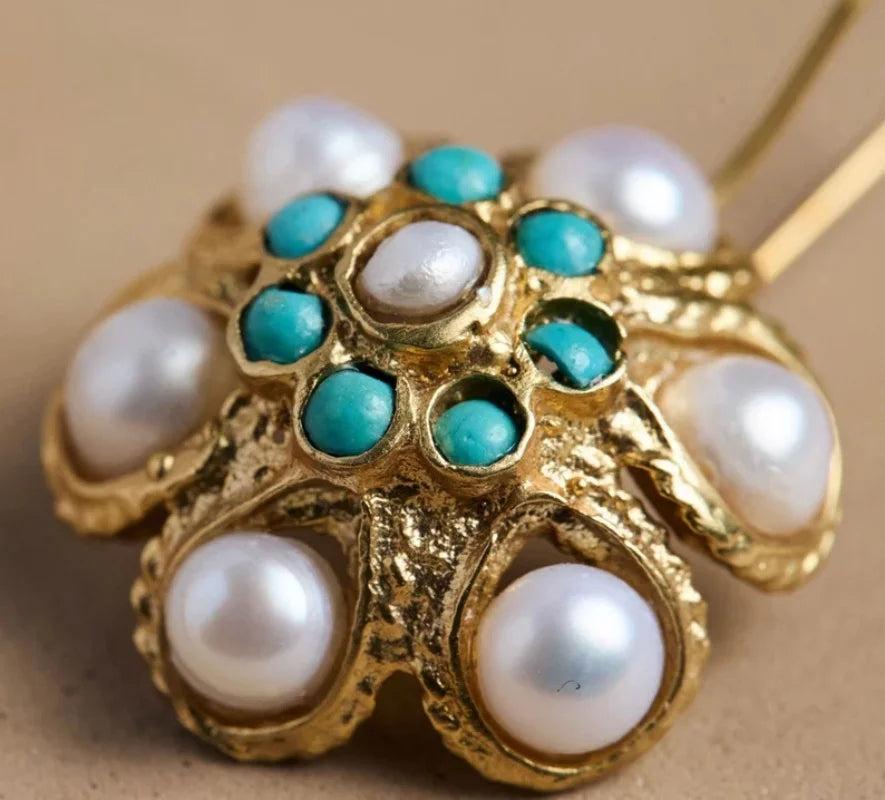 Vintage Pearl & Turquoise Cluster Earrings