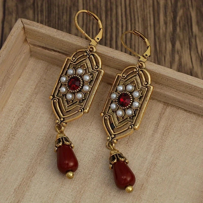 Art Deco Gold Garnet & Pearl Drop Earrings