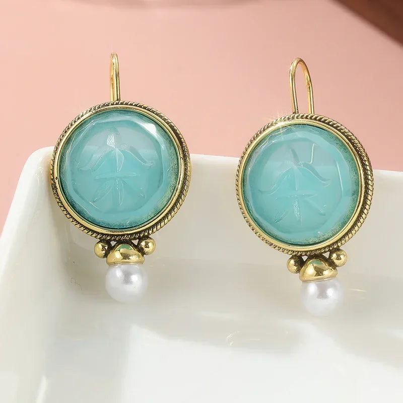 Aqua Carved Gem & Pearl Drop Earrings