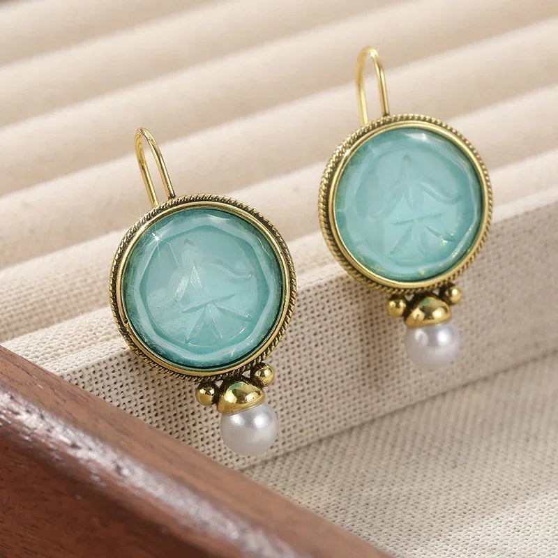 Aqua Carved Gem & Pearl Drop Earrings