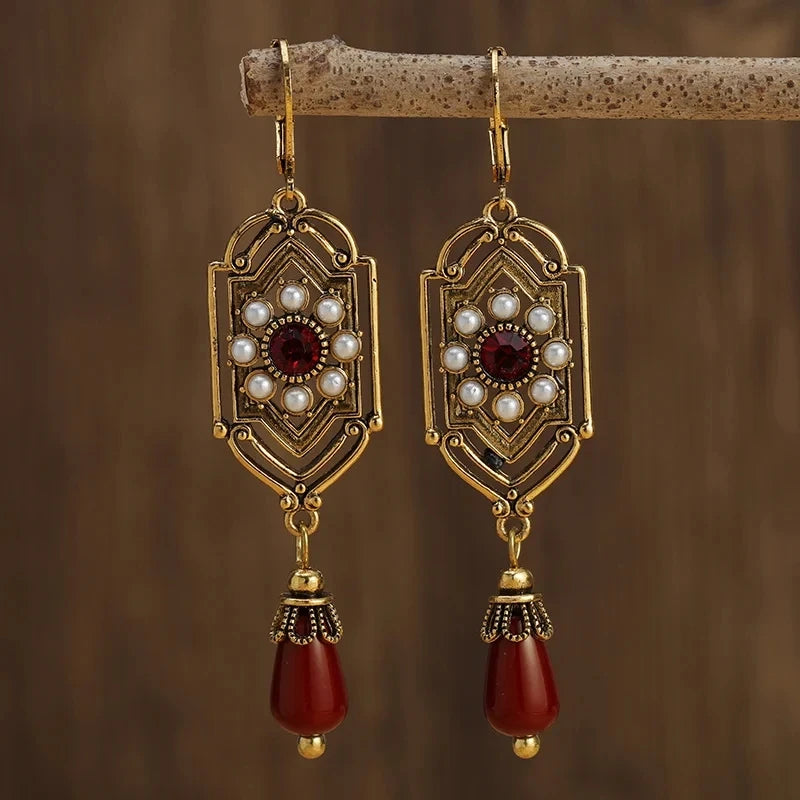 Art Deco Gold Garnet & Pearl Drop Earrings