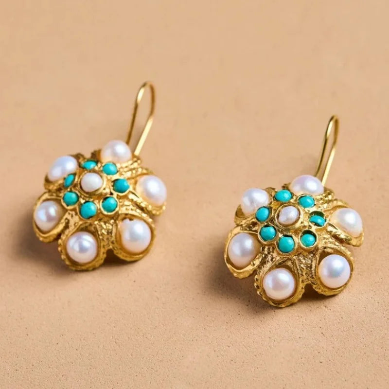 Vintage Pearl & Turquoise Cluster Earrings