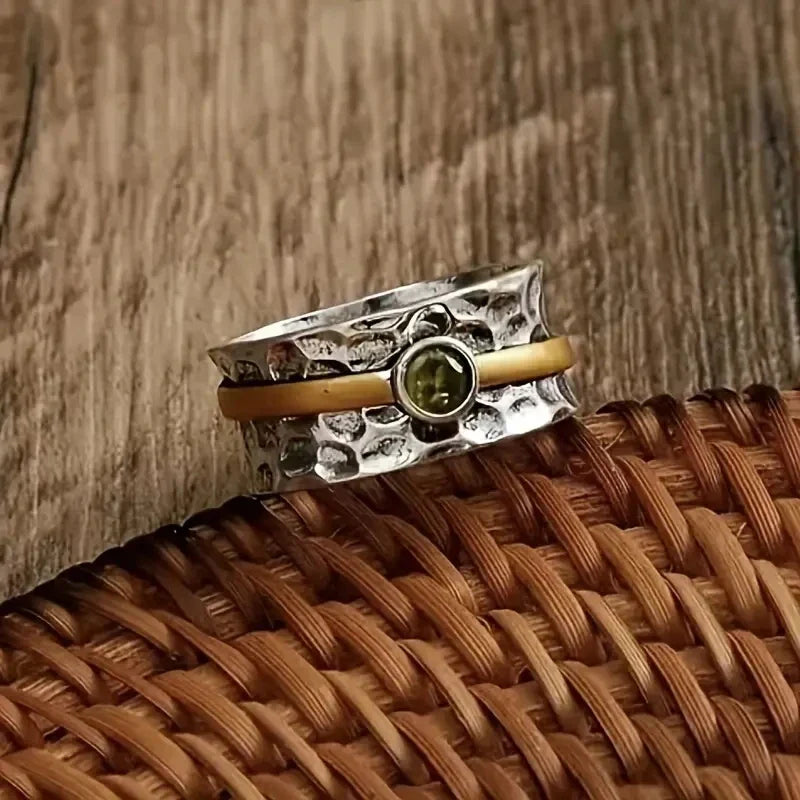 Hammered Silver & Gold Peridot Band Ring
