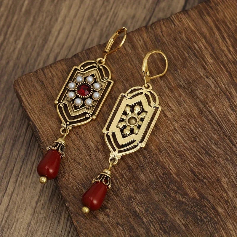 Art Deco Gold Garnet & Pearl Drop Earrings