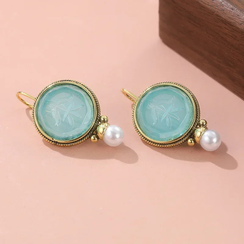 Aqua Carved Gem & Pearl Drop Earrings