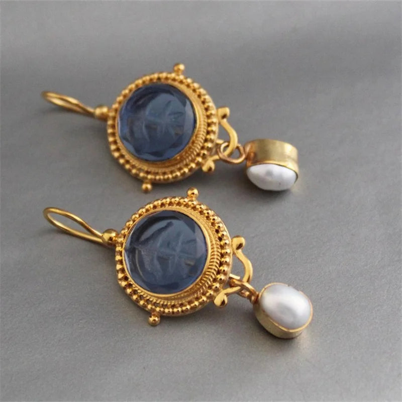 Blue Carved Gem & Pearl Drop Earrings