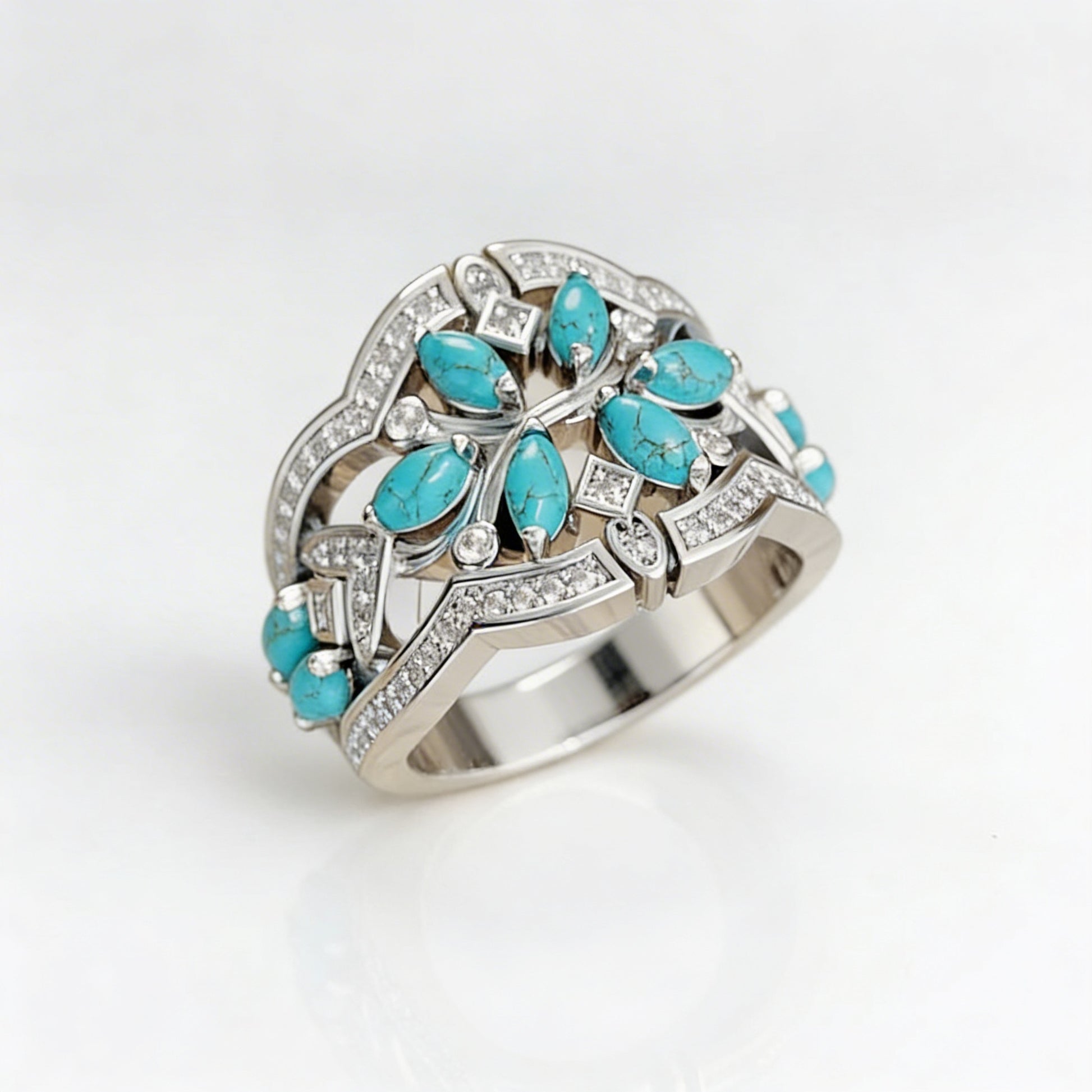Vintage Bohemian Turquoise Floral Cluster Ring