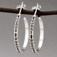 Vintage Botanical Bloom Engraved Silver Hoop Earrings