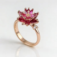 Vintage Handmade Red Cubic Zirconia Lotus Flower Ring