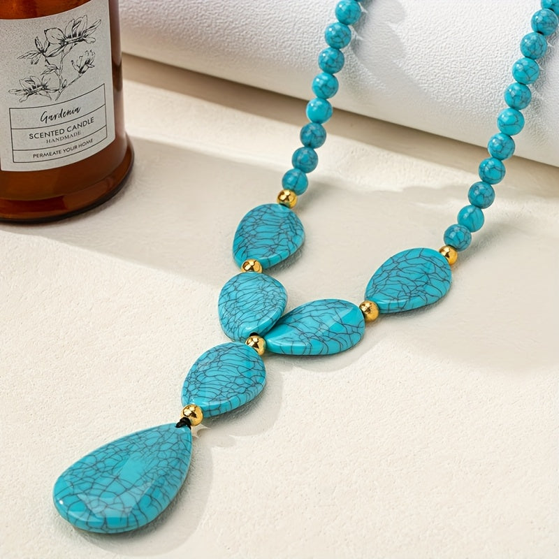 Bohemian Geometric Tear Round Turquoise Beaded Necklace