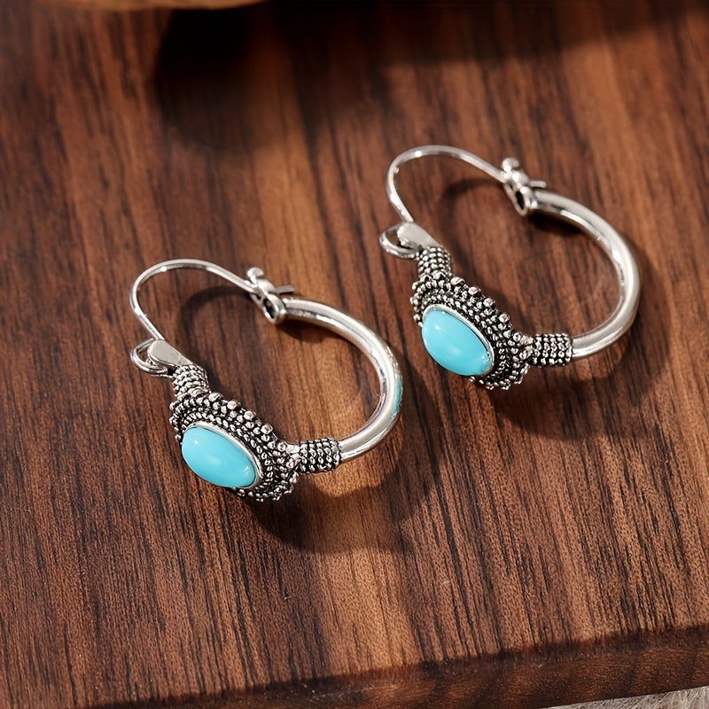 Vintage Ethnic Style Turquoise Oval Hoop Earrings
