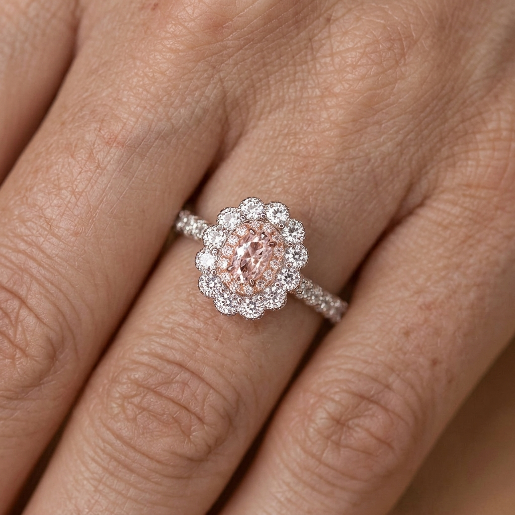 Nl/1 Luxe Tweekleurige Zonnebloemring Met Vierklauwige Ovaal Geslepen Synthetische Kubieke Zirkonia Accent Trouwring Beloftering