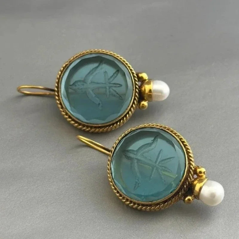 Aqua Carved Gem & Pearl Drop Earrings