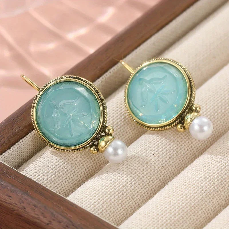 Aqua Carved Gem & Pearl Drop Earrings