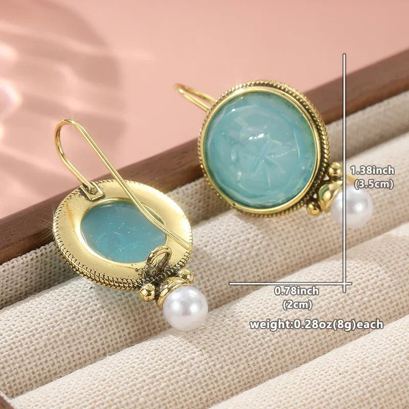 Aqua Carved Gem & Pearl Drop Earrings