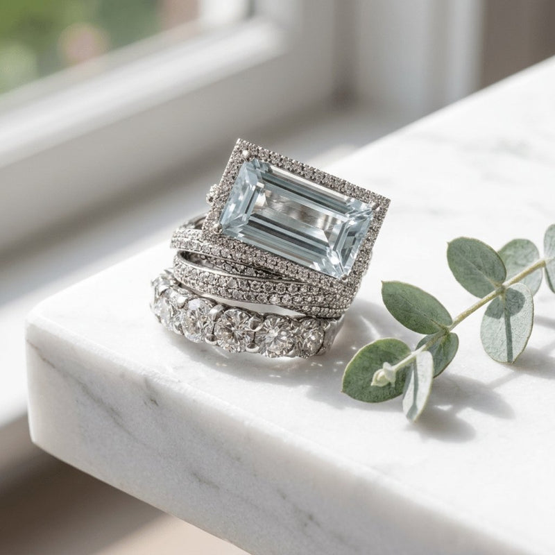 Art Deco Pave Silver Aqua Stone Ring Stack