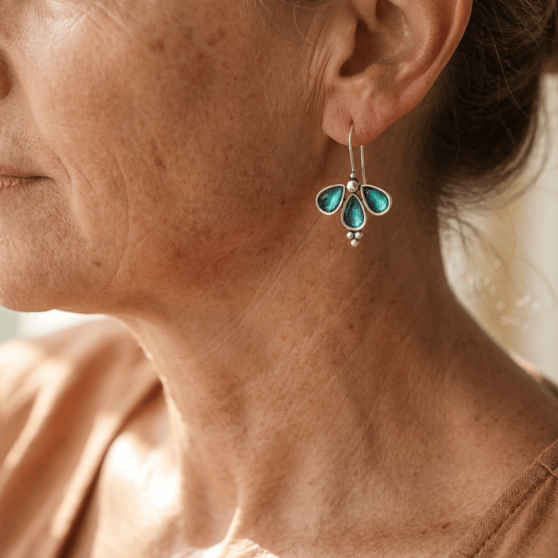 Artisan Teal Glass Floral Drop Earrings