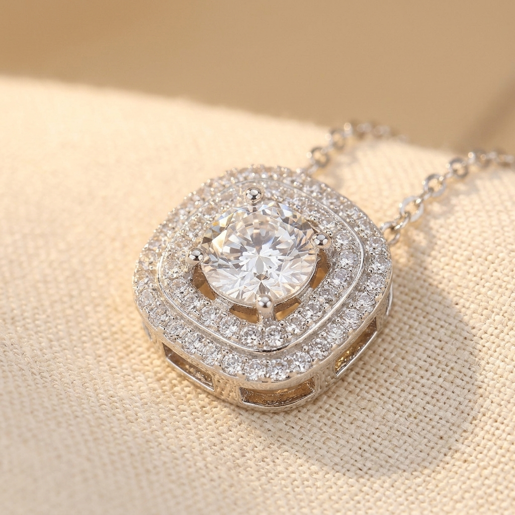 925 Sterling Silver Elegant Moissanite Necklace With Double Halo Desig