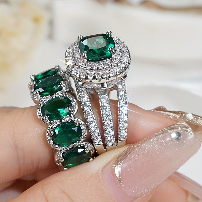 Nl/2 Stuks Set Dames Band Ring Luxe 4 Klauw Pave Glanzende Synthetische Zirkonia Ring Set Dames Banket Bruiloft Koppels Verloving High End Sieraden Multi Color Optioneel
