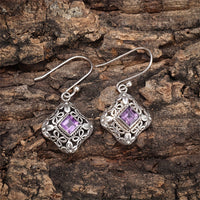 Vintage Purple Zirconia Floral Filigree Drop Earrings