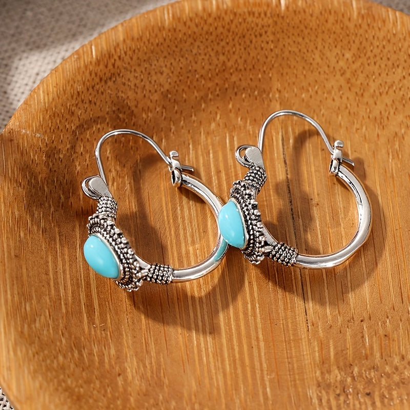 Vintage Ethnic Style Turquoise Oval Hoop Earrings