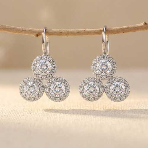 925 Sterling Silver **triple Moissanite Cluster Earrings In Plated wit