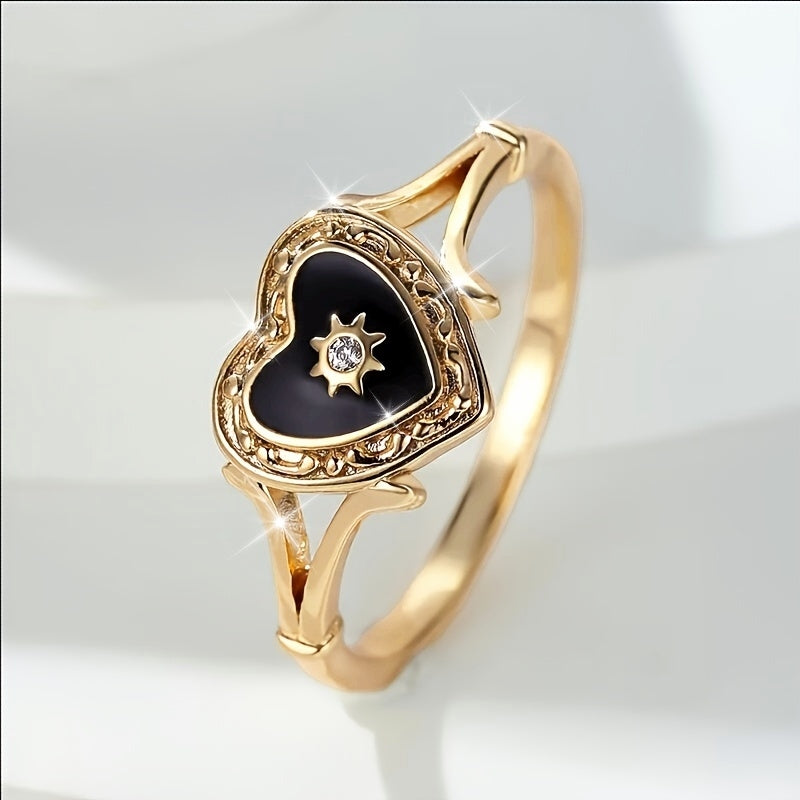 Bohemian Golden Sun Black Heart Design Paved Zirconia Ring