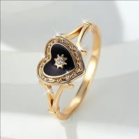 Bohemian Golden Sun Black Heart Design Paved Zirconia Ring