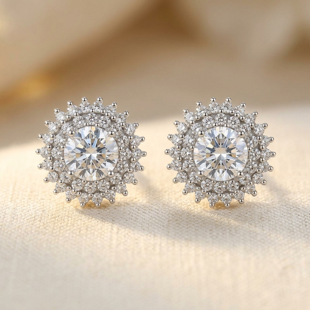 925 Sterling Silver Elegant Silver Floral Stud Earrings With Central M