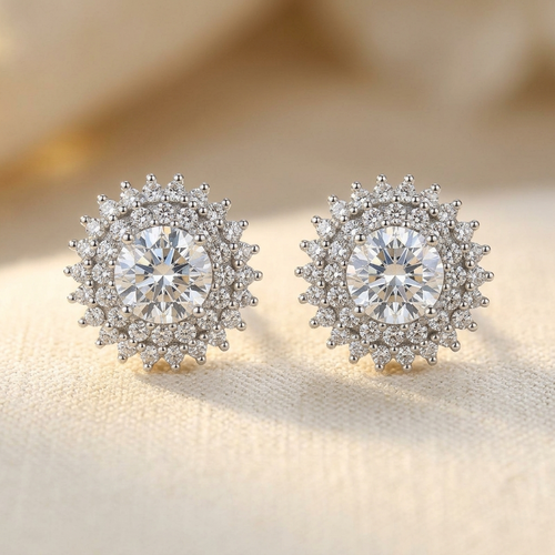 925 Sterling Silver Elegant Silver Floral Stud Earrings With Central M