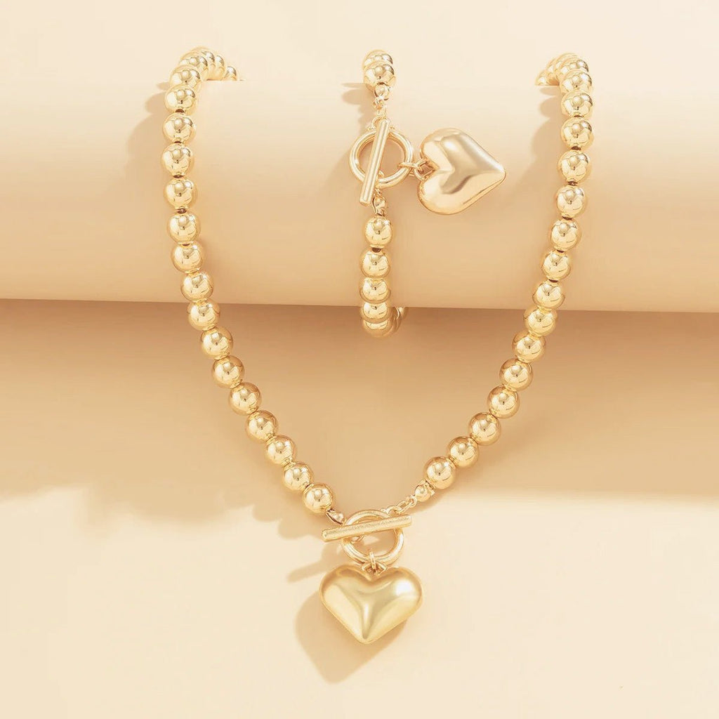 2pc Beaded Heart Pendant Bracelet and Necklace Set