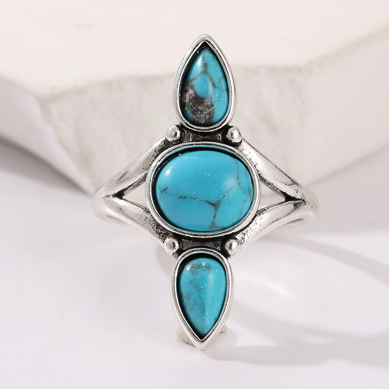 Bohemian Gold White Plated Drop Oval Turquoise Inlaid Ring