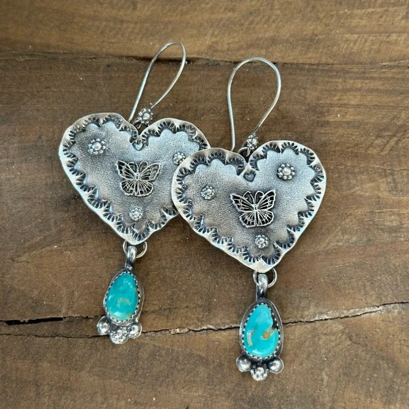 Artisan Handmade Turquoise Silvery Heart Dangle Earrings Handmade Jewelry