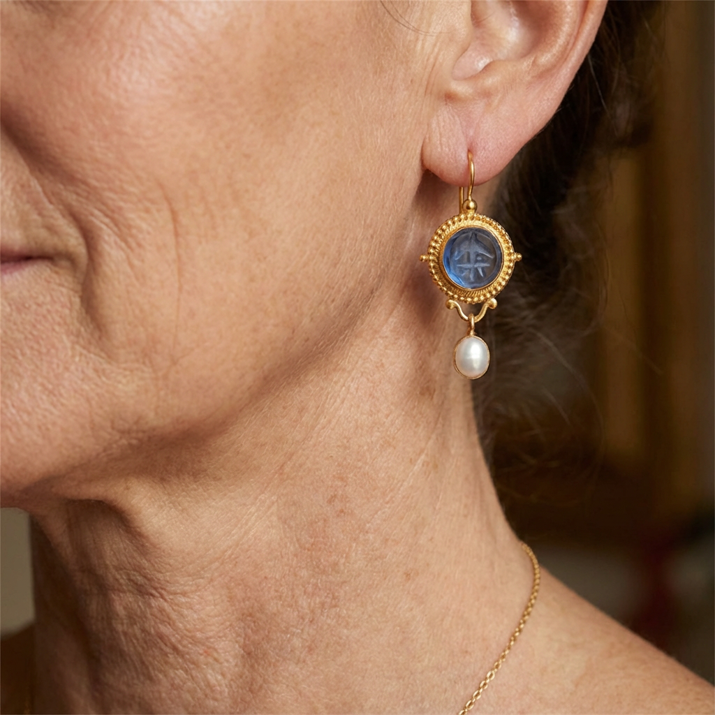 Blue Carved Gem & Pearl Drop Earrings