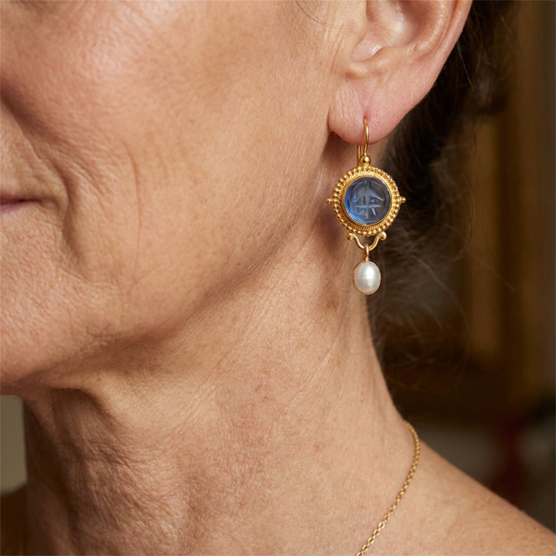 Blue Carved Gem & Pearl Drop Earrings