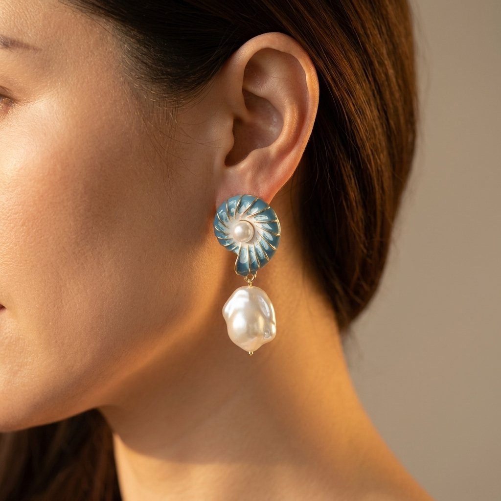 Blue Enamel Nautilus Shell Baroque Pearl Earrings