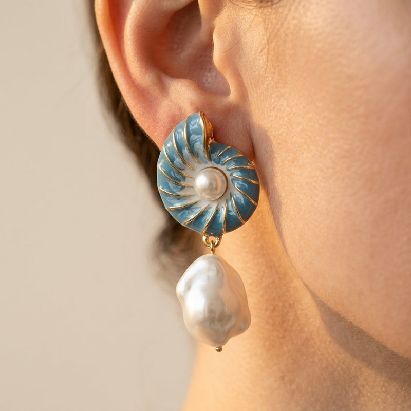 Blue Enamel Nautilus Shell Baroque Pearl Earrings