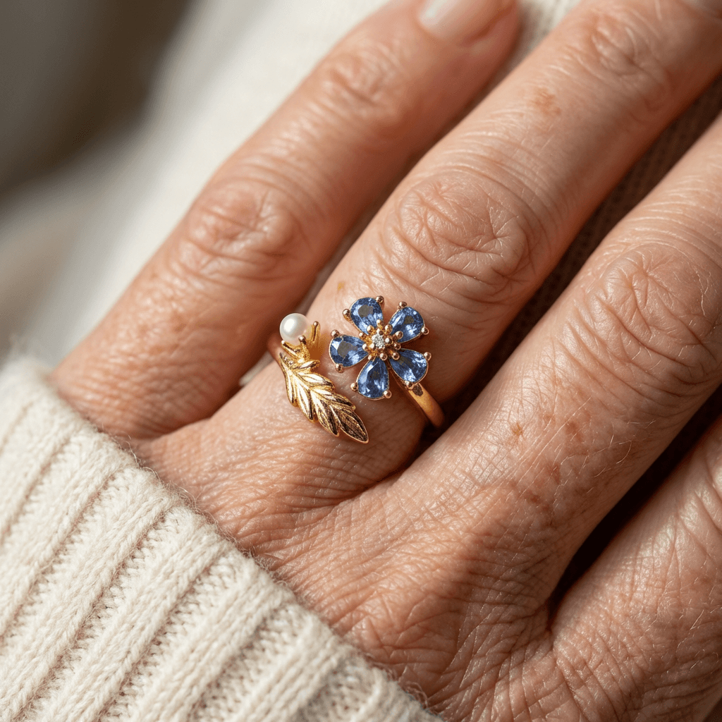 Blue Floral Leaf Ring
