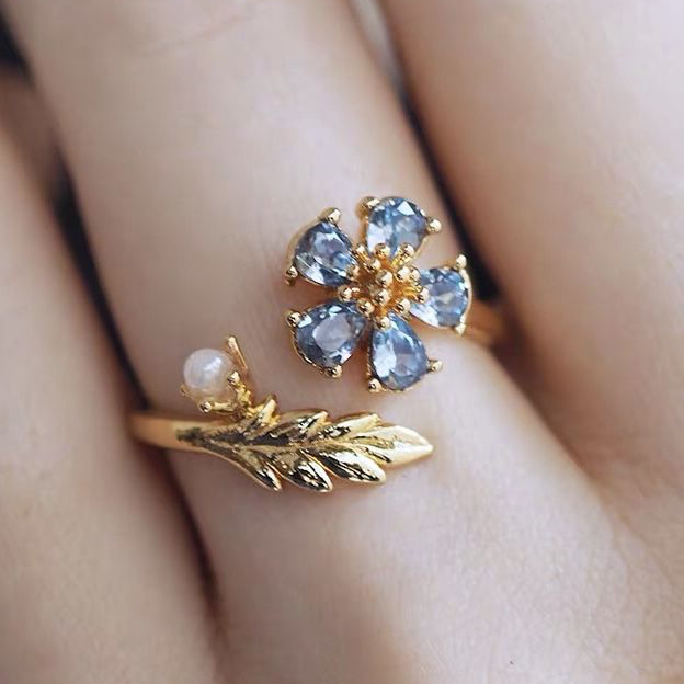 Blue Floral Leaf Ring