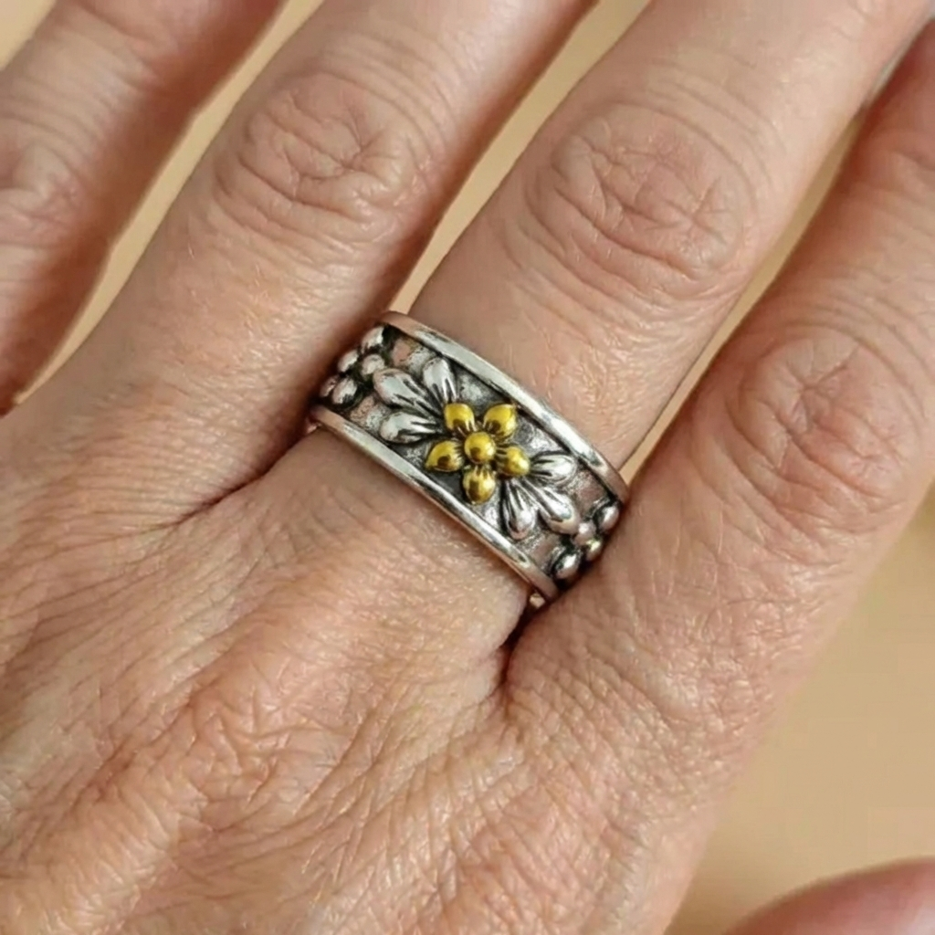Bohemian Carved Floral Garden Wide Band Ring