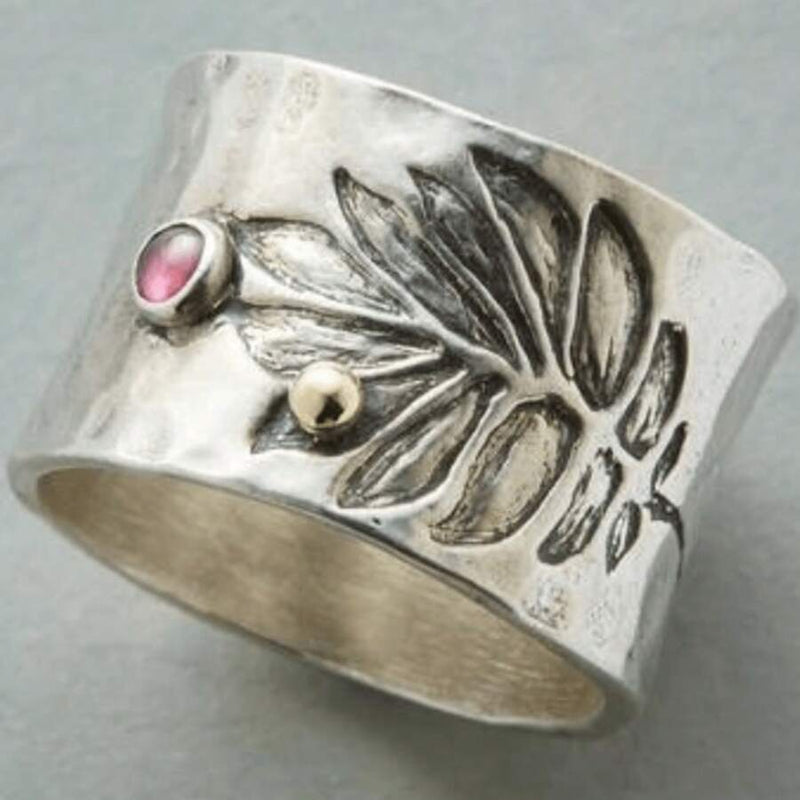Bohemian Carved With Pinkish Zirconia Inlay Wide Ring